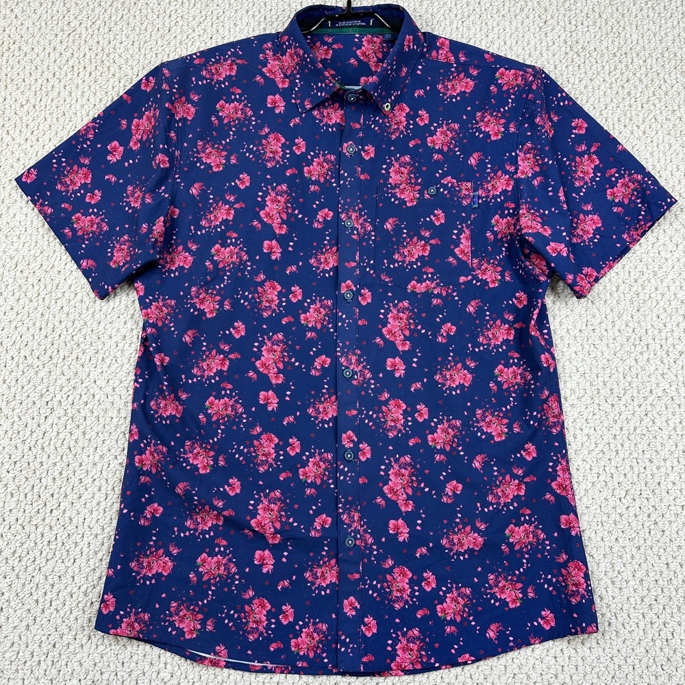 William Murray Shirt Mens L Navy Red Floral Short Sleeve Button Up Stretch Golf